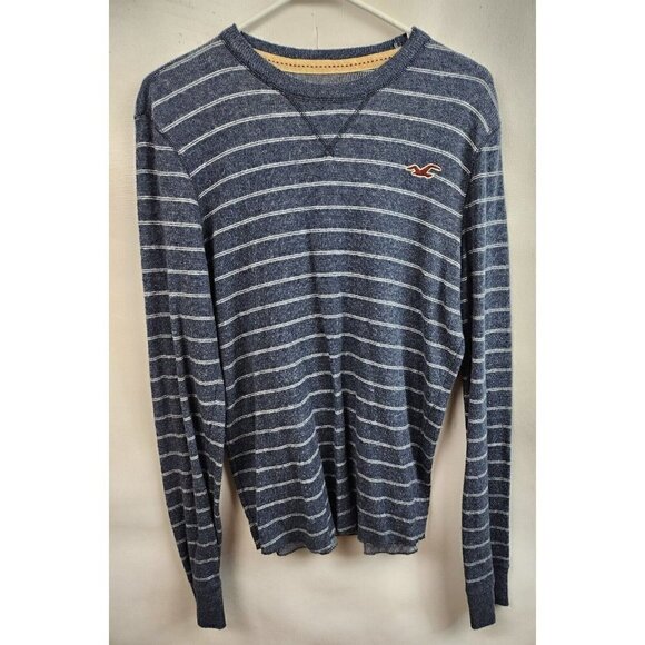 𝅺HOLLISTER California Blue White Striped Logo Long Sleeve Sweater Size Large